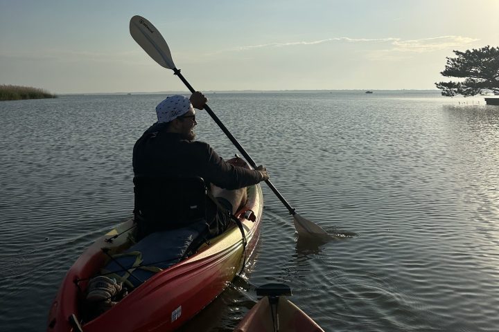 Person kayaking on calm lake under clear sky near shoreline trees.